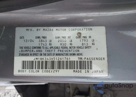 2005 Mazda Mazda3 S from USA, damaged, VIN JM1BK343X51261761